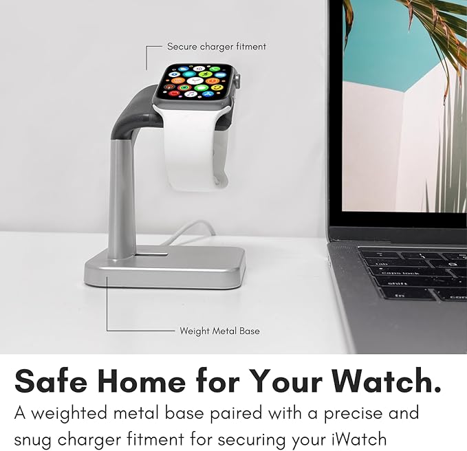 Macally Apple Watch Stand for Series Ultra 10 9 8 7 6 5 4 3 2 1 SE (49mm 45mm 44mm 42mm 41mm 40mm 38mm) - Apple Watch Charger Stand Dock Holder - Sleek Desk iWatch Charging Station - Silver