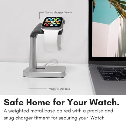 Macally Apple Watch Stand for Series Ultra 10 9 8 7 6 5 4 3 2 1 SE (49mm 45mm 44mm 42mm 41mm 40mm 38mm) - Apple Watch Charger Stand Dock Holder - Sleek Desk iWatch Charging Station - Silver