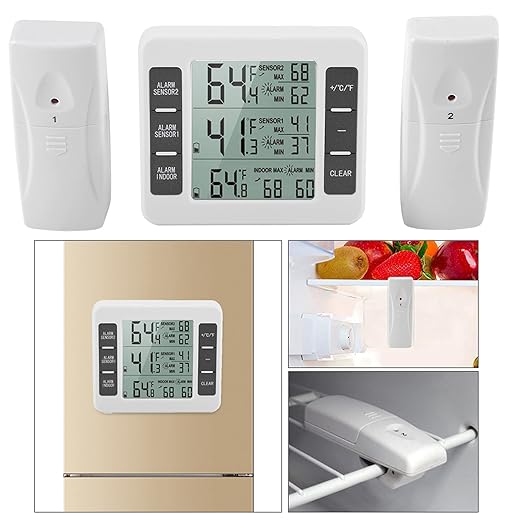 Fridge Thermometer, Digital Refrigerator Freezer Thermometer Monitor with 2 Sensors with Audible Alarm, for Indoor and Outdoor Use, Easy to Read LCD Display