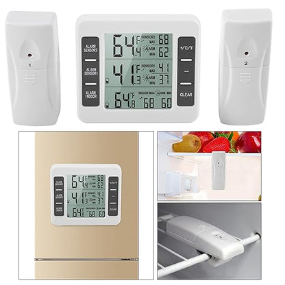 Fridge Thermometer, Digital Refrigerator Freezer Thermometer Monitor with 2 Sensors with Audible Alarm, for Indoor and Outdoor Use, Easy to Read LCD Display