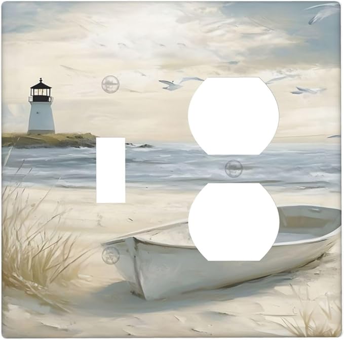 Decorative Outlet Covers Seascape Painting with Lighthouse Boats 2 Gang Wall Plate Single Toggle Duplex Combo Light Switch Covers Switch Plate Cover for Bedroom Home Decor