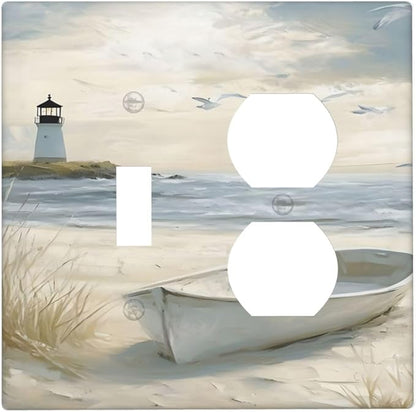 Decorative Outlet Covers Seascape Painting with Lighthouse Boats 2 Gang Wall Plate Single Toggle Duplex Combo Light Switch Covers Switch Plate Cover for Bedroom Home Decor