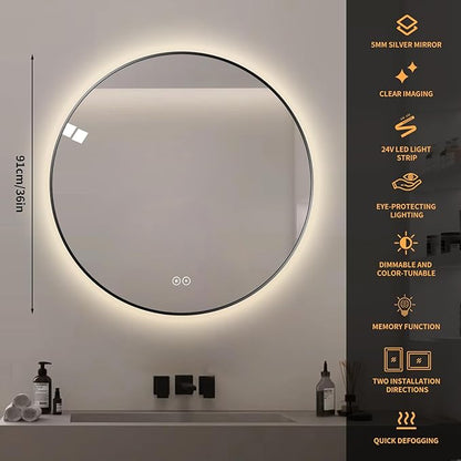 Round LED Bathroom Mirror with Gold Frame, 24V Backlight, 3 Color Temperatures, Dimmable, Memory Function, Defogging (Black Border, 36" L x 36" W)
