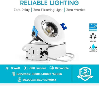 3 Inch Waterproof recessed Shower Lights, 9W COB 3 Colors Adjustable Gimbal Ceiling Recessed Lighting for Bathroom,Bedroom,Kitchen,Balcony