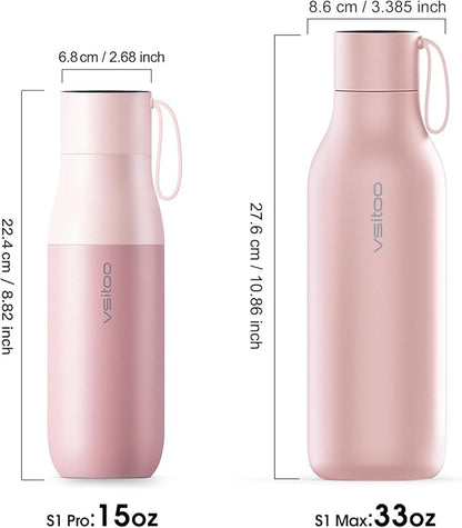 VSITOO 15oz Smart Self Cleaning Water Bottle，Insulated Water Bottle with Stainless Steel, BPA-Free, AI Self-Clean, 30-Day Battery, Magnetic Charging for Travel, Gym or Office, Pink