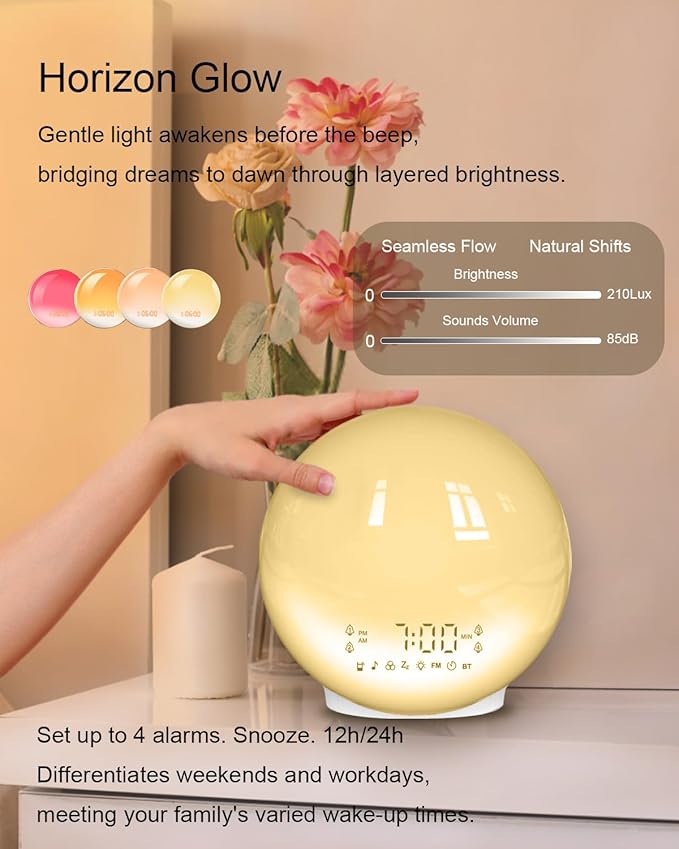 Smart APP Sunrise Alarm Clock with 4 Alarms & Natural Sounds for Heavy Sleepers, App No Signup, Wake Up Light, 11 Night Ligh, Sleep Aid 7 White Noise Machines & FM, Wireless Speaker (White, 1PCS)