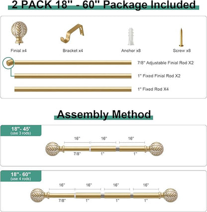2 Pack Gold Curtain Rods for Windows 28 to 48 inch,1" Adjustable Heavy Duty Window Curtain Rod with Leaf Finials,Rustic Decorative Drapery Rods Set,Size:18-60''