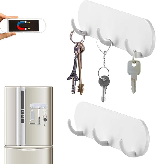 2-Pack Magnetic Key Holder with 3 Hooks for Refrigerator, Kitchen, and Laundry Rooms