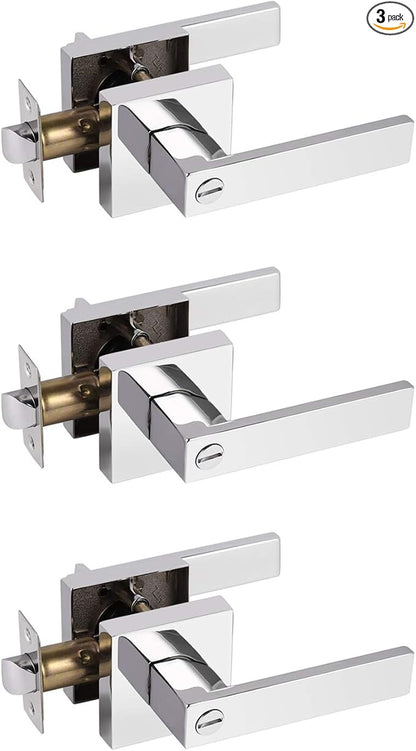 Probrico Privacy Door Levers for Bedroom and Bathroom Keyless Heavy Duty Handles Lockset with a Polished Chrome Finish, Reversible for Right & Left Sides, 3 Pack