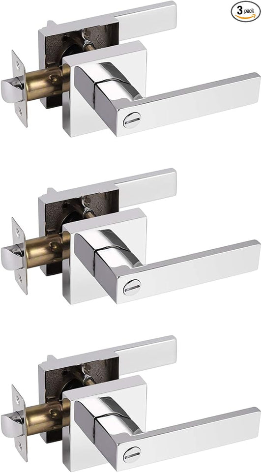 Probrico Privacy Door Levers for Bedroom and Bathroom Keyless Heavy Duty Handles Lockset with a Polished Chrome Finish, Reversible for Right & Left Sides, 3 Pack