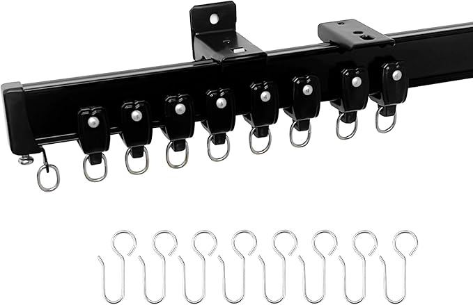 Aluminum Ceiling Curtain Track Set with Hooks Ceiling Mount and Wall Mount Room Divider Sliding Curtain Tracks Rods Flexible Heavy Duty Curtain Rail Hook Sets,Black,12FT