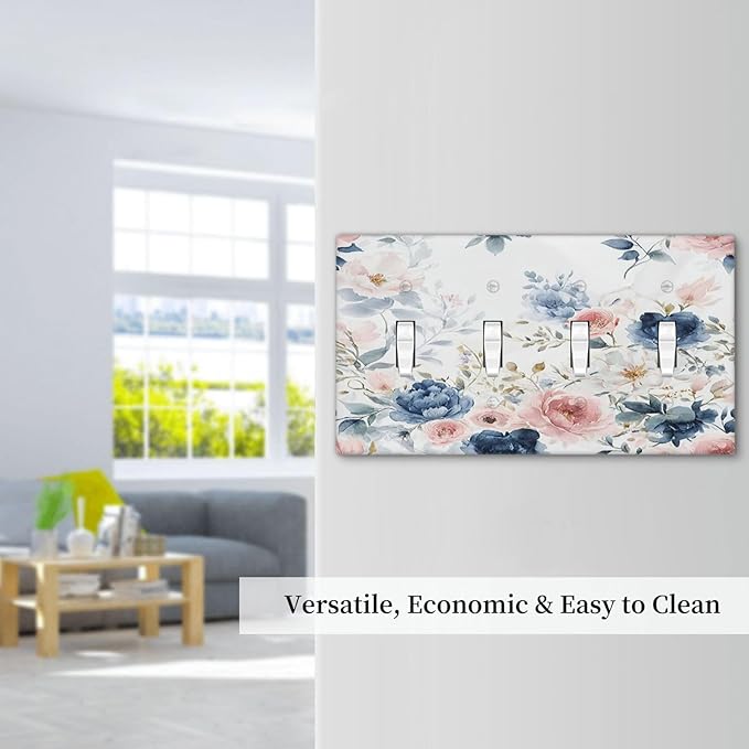 Light Switch Cover Plate Elegant Watercolor Pink Blue Flowers Floral Quad Toggle Wall Plates Decorative Switch Plates 4 Gang Outlet Covers Electrical Panel Cover Faceplate for Home Decor 4.5 X 8 IN