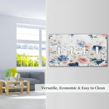 Light Switch Cover Plate Elegant Watercolor Pink Blue Flowers Floral Quad Toggle Wall Plates Decorative Switch Plates 4 Gang Outlet Covers Electrical Panel Cover Faceplate for Home Decor 4.5 X 8 IN