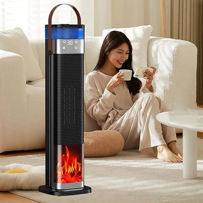 Tower Heater for Bedroom with Thermostat, Spray Humidification, 3D Simulated Flame, 3 Heating Modes, 12H Timer, 360°Protection, Portable Battery Powered Heaters for Indoor Use Large Room & Office