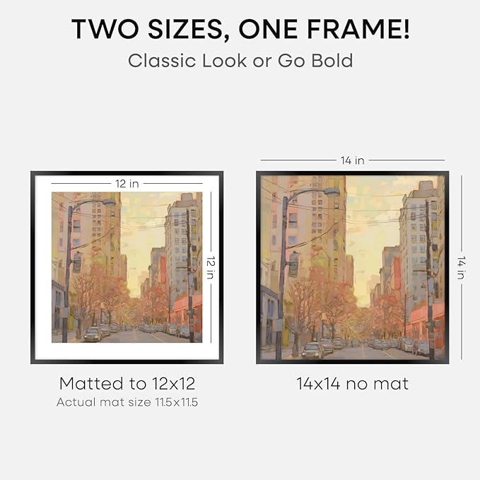 Homeforia 14x14 Picture Frame Black, High End Metal 14 x 14 Square Poster Frames with Mat 12 x 12 Photo, 14x14 Black Frame Matted to 12x12 Print, 14by14 Thin Frames, Tempered Glass, Wall Kit, Set of 4