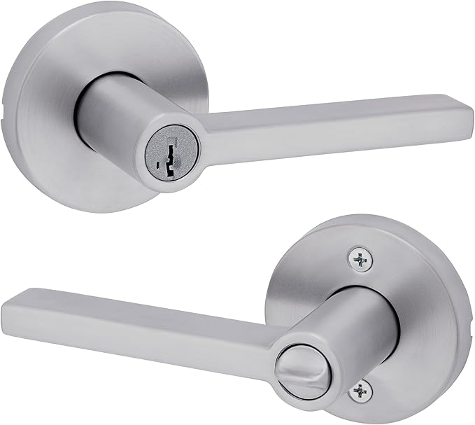 Kwikset Halifax Entry Door Handle with Lock and Key, Secure Round Keyed Reversible Lever Exterior, for Front Entrance and Bedrooms, Satin Chrome, Pick Resistant Smartkey Rekey Security and Microban
