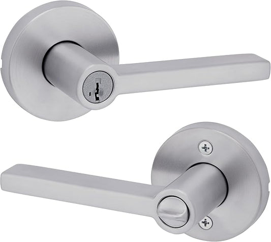 Kwikset Halifax Entry Door Handle with Lock and Key, Secure Round Keyed Reversible Lever Exterior, for Front Entrance and Bedrooms, Satin Chrome, Pick Resistant Smartkey Rekey Security and Microban