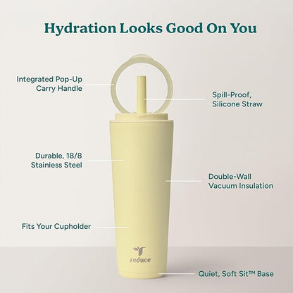 REDUCE Halo 24 oz Stainless Steel Vacuum Insulated Tumbler - Spill Proof Travel Mug with Flip Handle Lid - Keeps Drinks Cold for 32 Hrs - Dishwasher Safe - Cupholder Friendly - French Vanilla