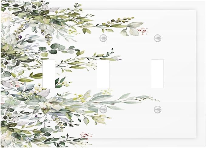 Decorative Light Switch Plate Covers Rustic Eucalyptus Leaves Green Leaf 3 Gang Light Switch Cover Triple Toggle Wall Plate Outlet Covers for Bedroom Home Decor