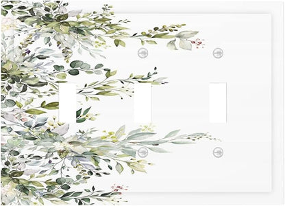 Decorative Light Switch Plate Covers Rustic Eucalyptus Leaves Green Leaf 3 Gang Light Switch Cover Triple Toggle Wall Plate Outlet Covers for Bedroom Home Decor