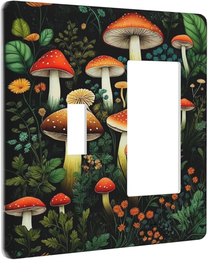 Decorative Outlet Covers Boho Red Mushroom Green Leaf Plants Floral 2 Gang 1 Gang Wall Plate Cover Single Toggle Rocker Combo Light Switch Plate Covers Jumbo Switch Cover Plate