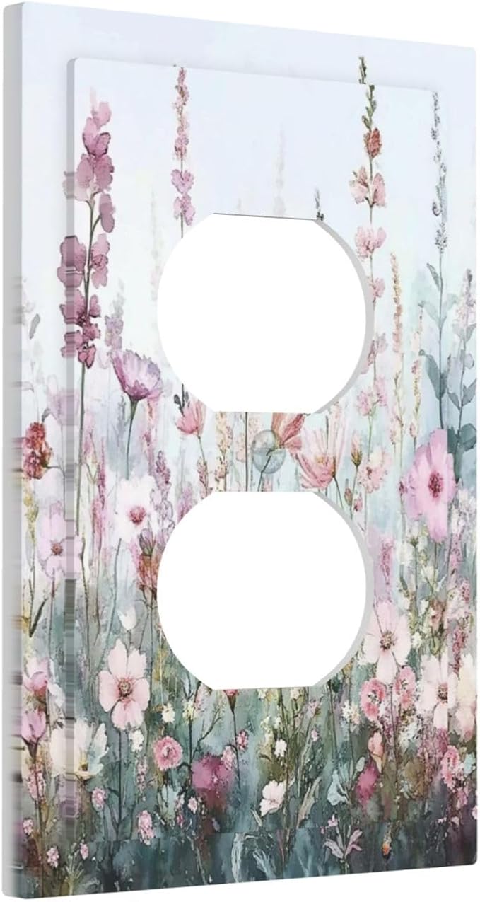 Pink Floral Watercolor Botanical Wildflowers Outlet Covers 1 Gang Duplex Light Switch Cover Decorative Switch Plates Electrical Receptacle Faceplate Wall Plate For Bed Room Living Room Decor
