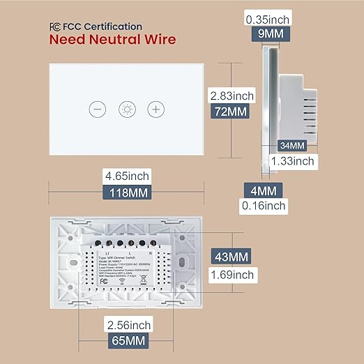 Smart Dimmer Switch Neutral Wire Required, 2.4GHz WiFi Dimmer Light Switch with Remote Voice Control, Tempered Glass Panel, Compatible with Alexa and Google Home, White WiFi Dimmer