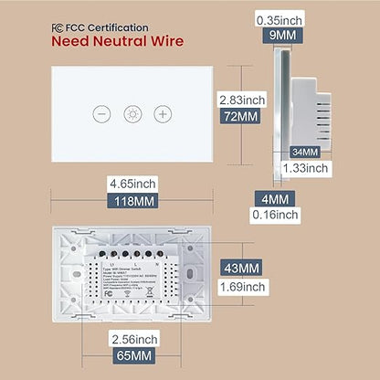 Smart Dimmer Switch Neutral Wire Required, 2.4GHz WiFi Dimmer Light Switch with Remote Voice Control, Tempered Glass Panel, Compatible with Alexa and Google Home, White WiFi Dimmer