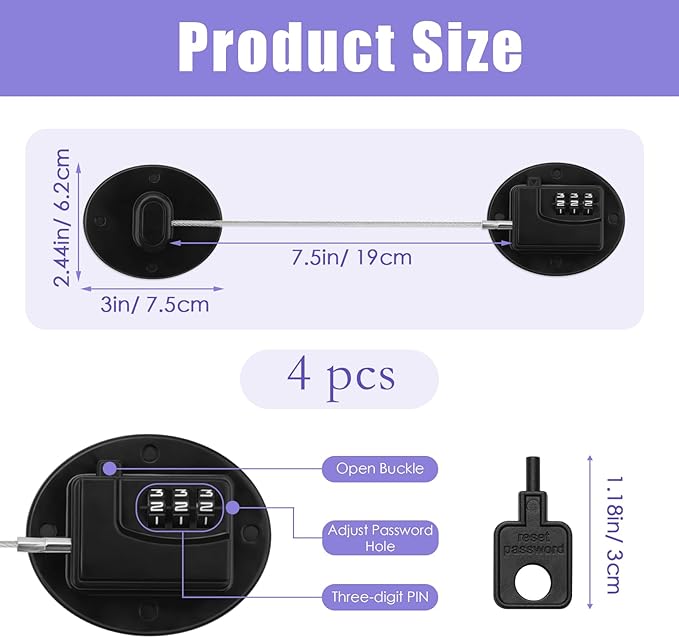 4PCS Fridge Lock Combination, Self-Adhesive Refrigerator Locks Freezer Door for Adults with Password (Black) (Round)