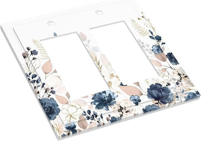 Blue Flora Boho Vintage Flower Golden Leaves Decorative Outlet Covers 2 Gang Double GFCI Rocker Electrical Wall Panels Light Switch Cover Plate for Bedroom Living Room Decor