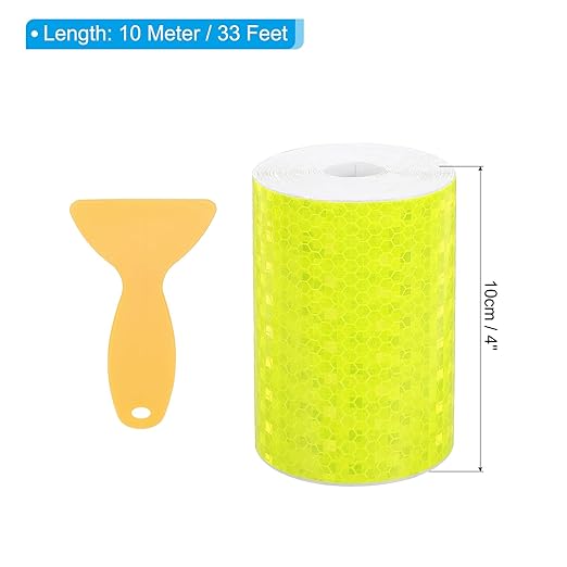 PATIKIL 4 Inch x 33 ft Reflective Tape, 1 Roll Waterproof Self Adhesive High Visibility Caution Warning Safety Tape Reflector with Scraper for Trucks Trailers Cars, Bright Yellow
