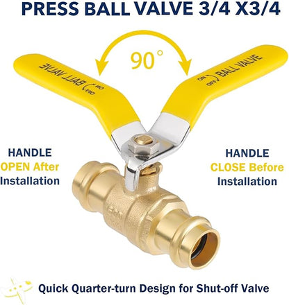 3/4" Press propress Ball Valve with EPDM O-Ring 1/4-Turn Full Port Shut Off Stop Valve for Copper Tubing Connection LF Brass 10PCS
