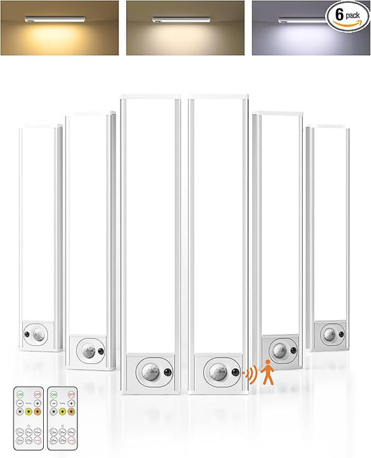 6Pack 7.8inch Under Cabinet Lighting, Rechargeable Motion Sensor Light Wireless Indoor, Dimmable 3 Color Temps Closet Lights with Remote, Under Counter Lights for Kitchen, Stairs, Bookshelf