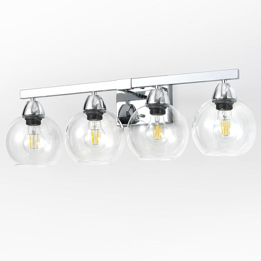 4-Light Bathroom Vanity Light, Silver Wall Sconce with Premium Hand-Crafted Glass, Shatter-Resistant & Enhanced Clarity, Perfect for Mirror, Living Room, Hallway
