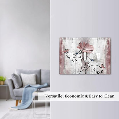 Decorative Switch Plates Pink White Daisy Butterfly Wood Grain 3 Gang Wall Plate Triple Toggle Light Switch Cover Faceplate Electrical Wall Panels for Farmhouse Bathroom Decor