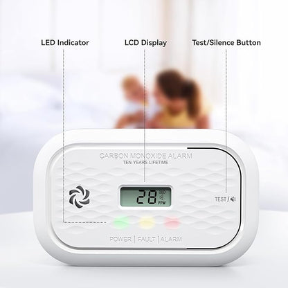2 Pack Carbon Monoxide Detectors,10 Year Battery Carbon Monoxide Alarm, CO Detector with LCD Display, 3 LED Lights CO Alarm for Home
