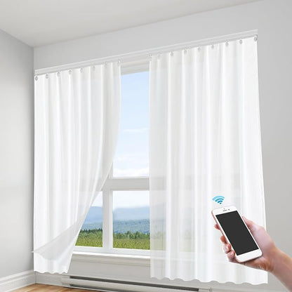 Motorized Curtain Track Kit with Remote & Smartphone App - Compatible with Alexa & Google Home, DIY Electric Curtain Rod for Smart Home, White, 7-14ft Adjustable Length, 88lbs Capacity