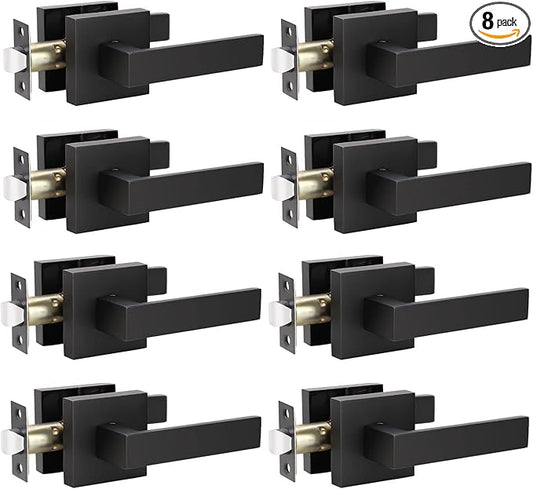 KNOBWELL 8 Pack Door Handles Black, Passage Lever Door Handles, Heavy Duty Closet Hallway Interior Door Knobs, Reversible for Left and Right