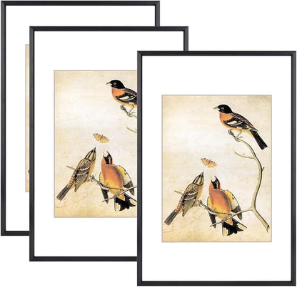 8x12 Picture Frame Set of 3, Black Aluminum Metal Photo Frames with HD Glass, Fits 6x8 with Mat or 8 x 12 without Mat, Display for Wall and Table