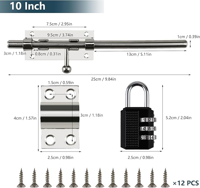 Sliding Bolt Door Latch, 201 Stainless Steel Barrel Bolt Lock, 30mm Combo Padlock Included, Heavy Duty Slide Gate Latch with 12 Screws, Silver Finish