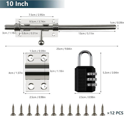 Sliding Bolt Door Latch, 201 Stainless Steel Barrel Bolt Lock, 30mm Combo Padlock Included, Heavy Duty Slide Gate Latch with 12 Screws, Silver Finish