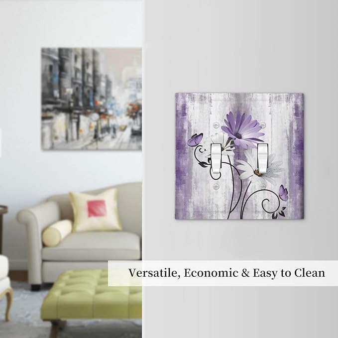 Decorative Light Switch Plate Covers Rustic White Purple Daisy Floral Flower 2 Gang Wall Plate Double Toggle Switch Cover Plate Electric Dual Device Electrical Faceplate for Bedroom Decor