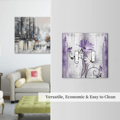 Decorative Light Switch Plate Covers Rustic White Purple Daisy Floral Flower 2 Gang Wall Plate Double Toggle Switch Cover Plate Electric Dual Device Electrical Faceplate for Bedroom Decor
