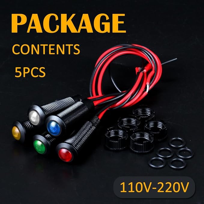 5pcs 8mm LED Indicator Light Plastic Black Signal Dot Lamp 110-220VAC 5/16" Mounting Hole Size with 15cm/5.9in. Wire (Mix:Red White Yellow Blue Green)
