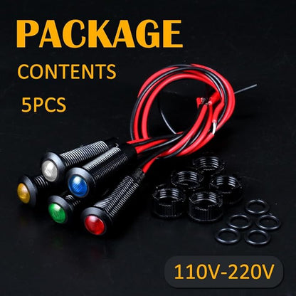 5pcs 8mm LED Indicator Light Plastic Black Signal Dot Lamp 110-220VAC 5/16" Mounting Hole Size with 15cm/5.9in. Wire (Mix:Red White Yellow Blue Green)
