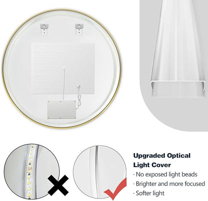 Niccy Round Led Mirror for Bathroom, 36" Backlit Mirrors for Wall Circle Lighted Mirror with Old Gold Frame Anti-Fog, 3 Colors, HD Glass and IP65 Waterproof
