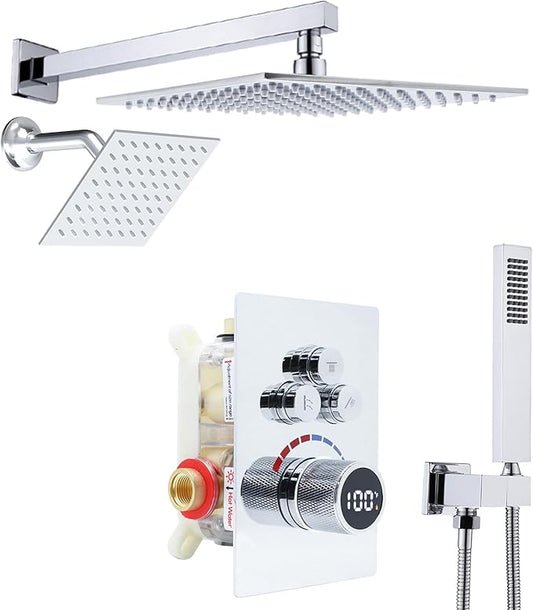 Digital Display Dual Head Shower system Rain Shower System Shower Wall Mount 10 Inch Ceiling Shower Head with 6 Inch Shower Head with shower handheld(Polished Chrome)