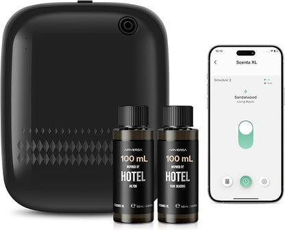 Smart Waterless Essential Oil Diffuser (400 mL Capacity) Starter Kit with 200mL Hotel Scent Fragrance Oils, Up to 2000 sq ft App Control Scent Air Machine with 12V1A Power Adapter, ANW Kit Black