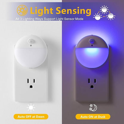 2 Pack Plug in Night Light, Dusk to Dawn, 3 Lighting Ways, Stepless Dimming, Auto On/Off Light Sensor, Blue LED Nightlight for Bathroom, Hallway, Stairs, Bedroom, Kitchen, Kids