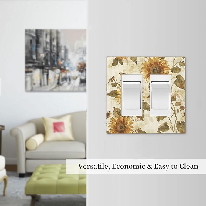 Decorative Outlet Covers Rustic Sunflower Floral Pattern 2 Gang Double GFCI Rocker Electrical Wall Panels Light Switch Cover Plate for Bedroom Cabin Decor